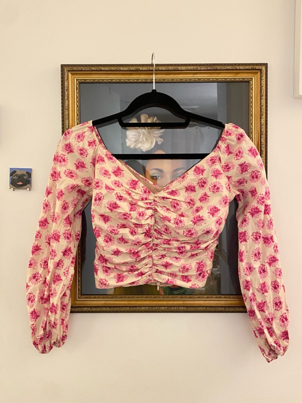 Zara Pink Floral Ruched Long-Sleeve Cotton Crop Top